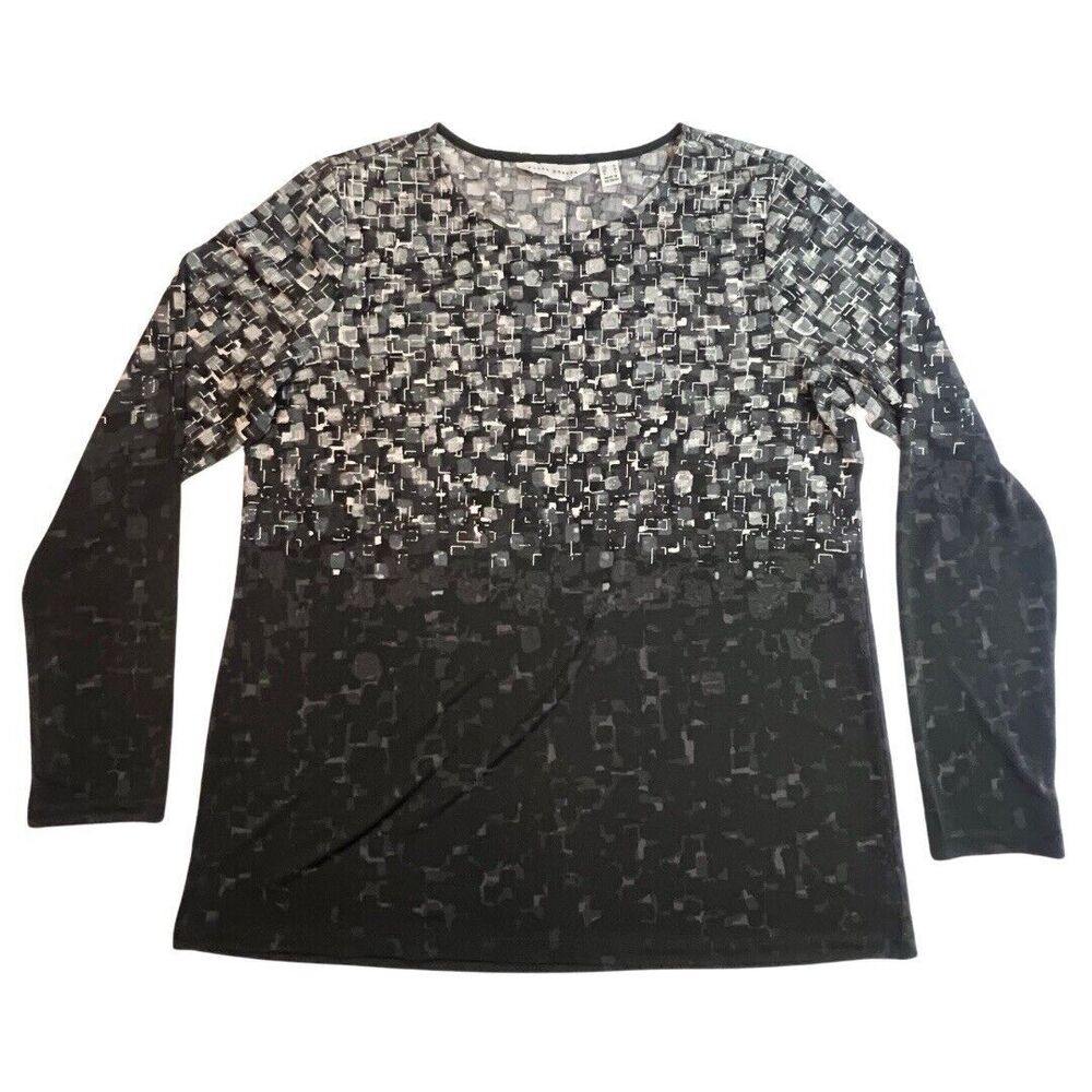 Susan Graver Blouse Womens Medium Black Silver Abstract Business Casual Shirt